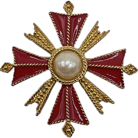 St JOHN Vintage Maltese CROSS Crest BROOCH Pin Red Enamel Faux Pearl Cab Jewelry - Picture 1 of 7